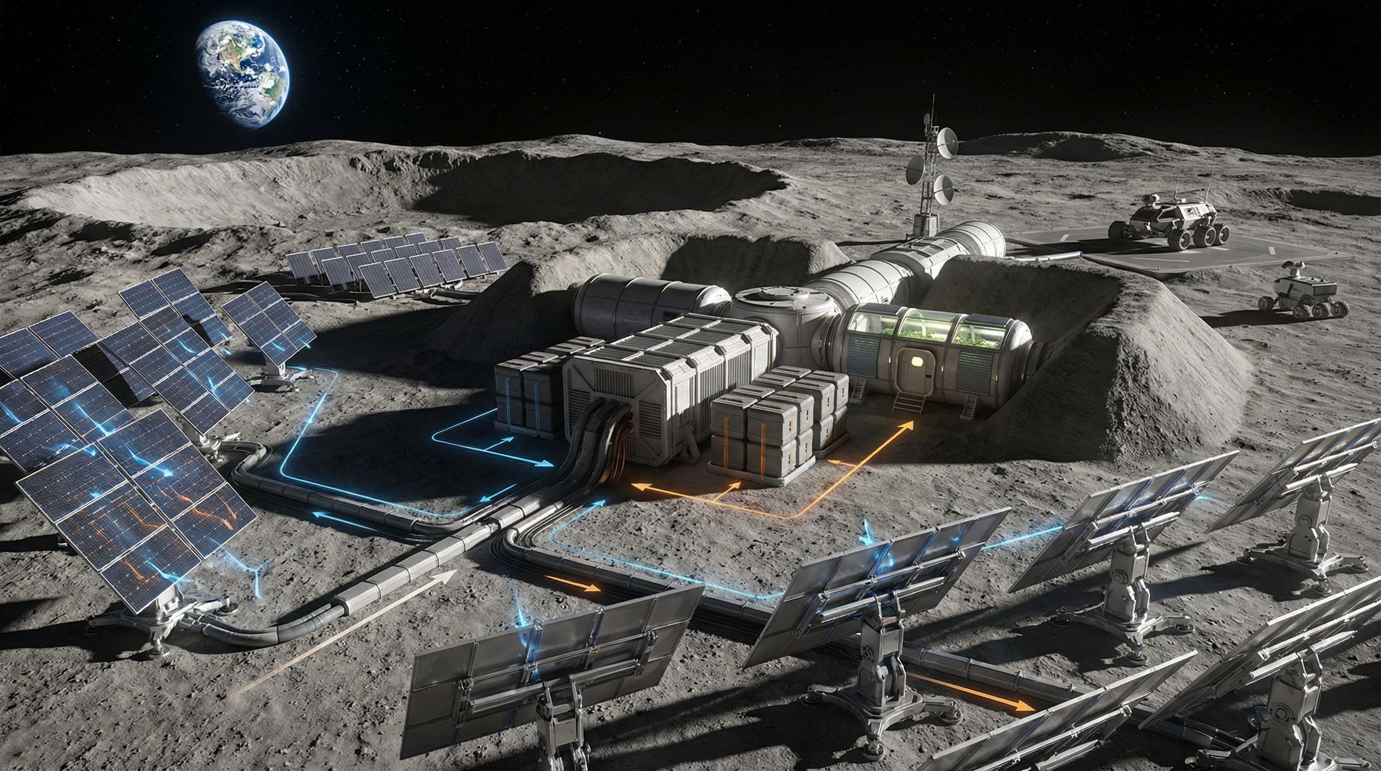 Lunar base with ARCSTASIS solar arrays and energy distribution system